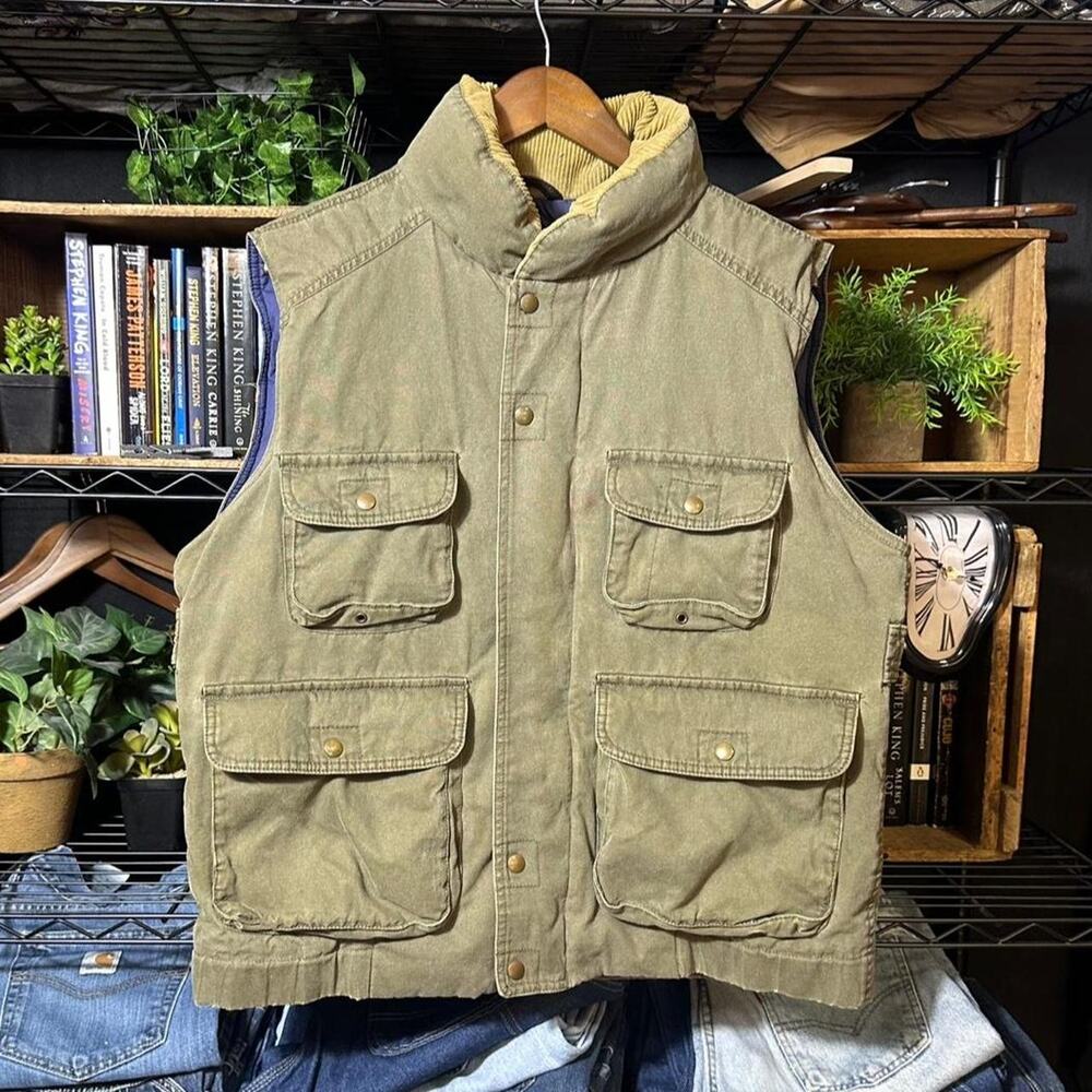 Vintage Eddie Bauer Goose Down Canvas Vest Large Tan/Green Full Zip Workwear